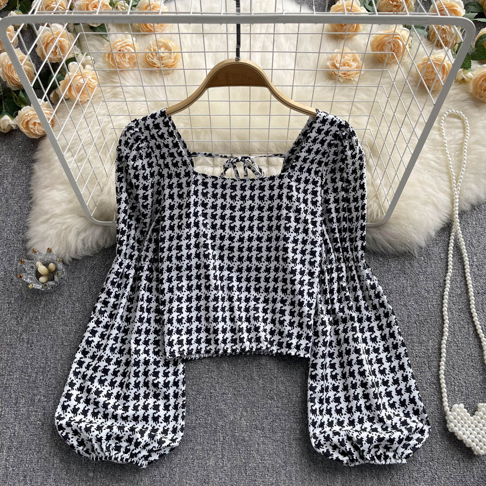 Square collar all-match shirt bubble houndstooth tops for women