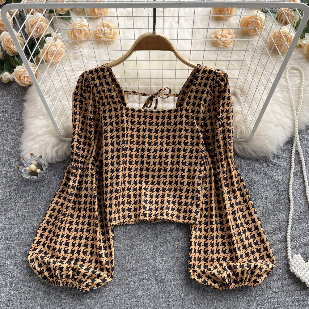Square collar all-match shirt bubble houndstooth tops for women