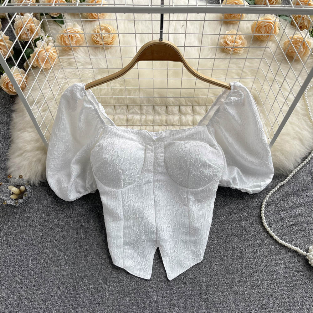 Short pinched waist shirt white clavicle for women