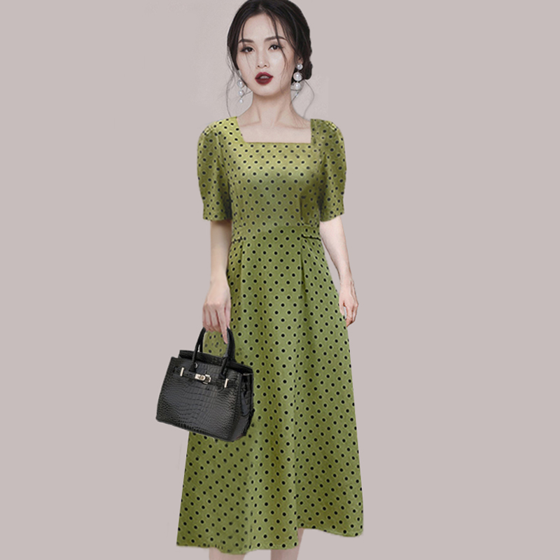 Temperament polka dot square collar green France style dress