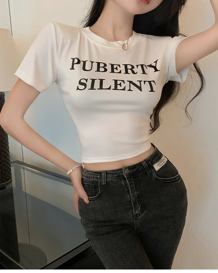 Letters round neck tops printing T-shirt for women
