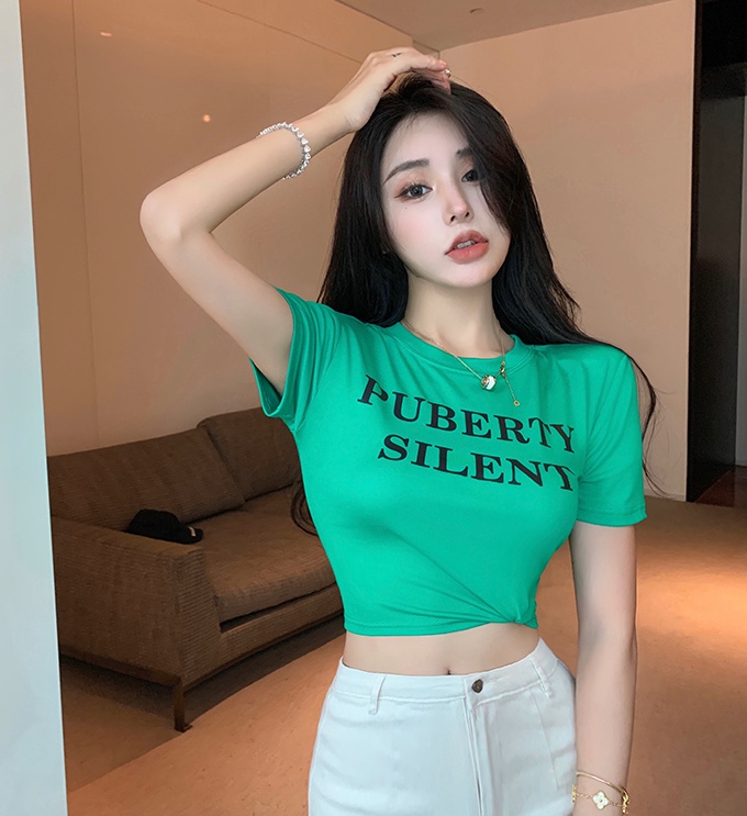 Letters round neck tops printing T-shirt for women