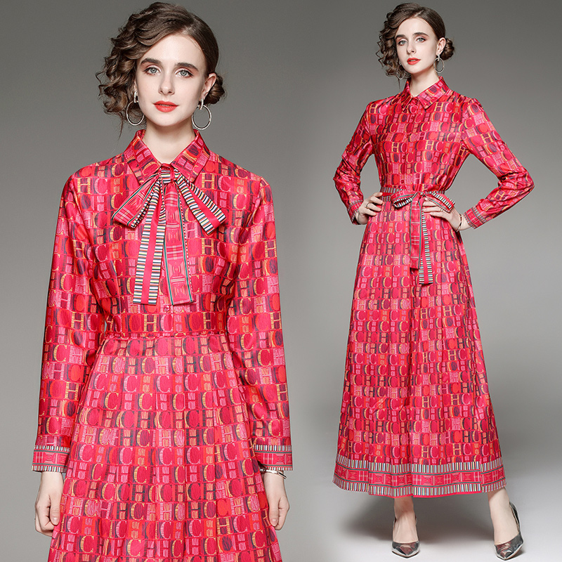 Pinched waist European style all-match printing slim dress