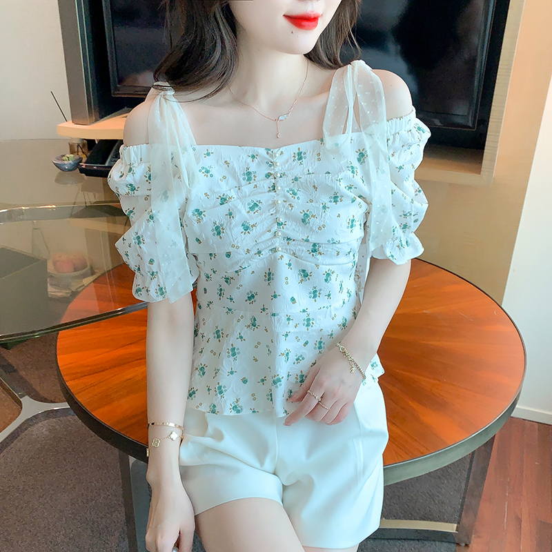 Korean style summer tops square collar printing shirt for women