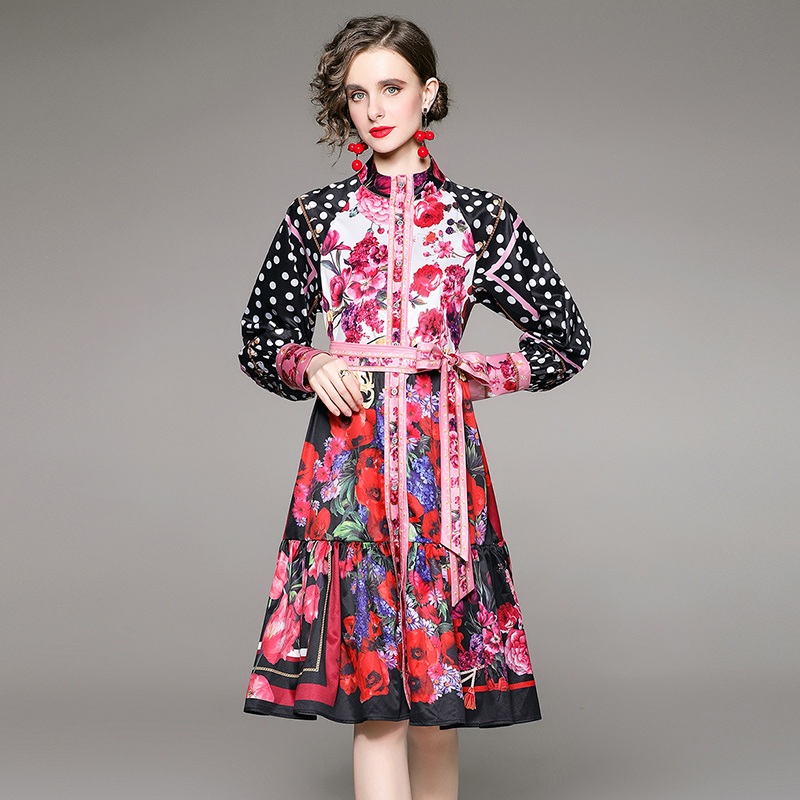 With belt printing European style cstand collar dress