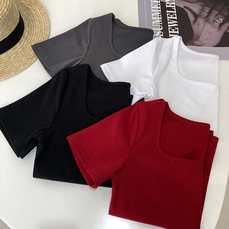 France style summer clavicle arc hem T-shirt for women