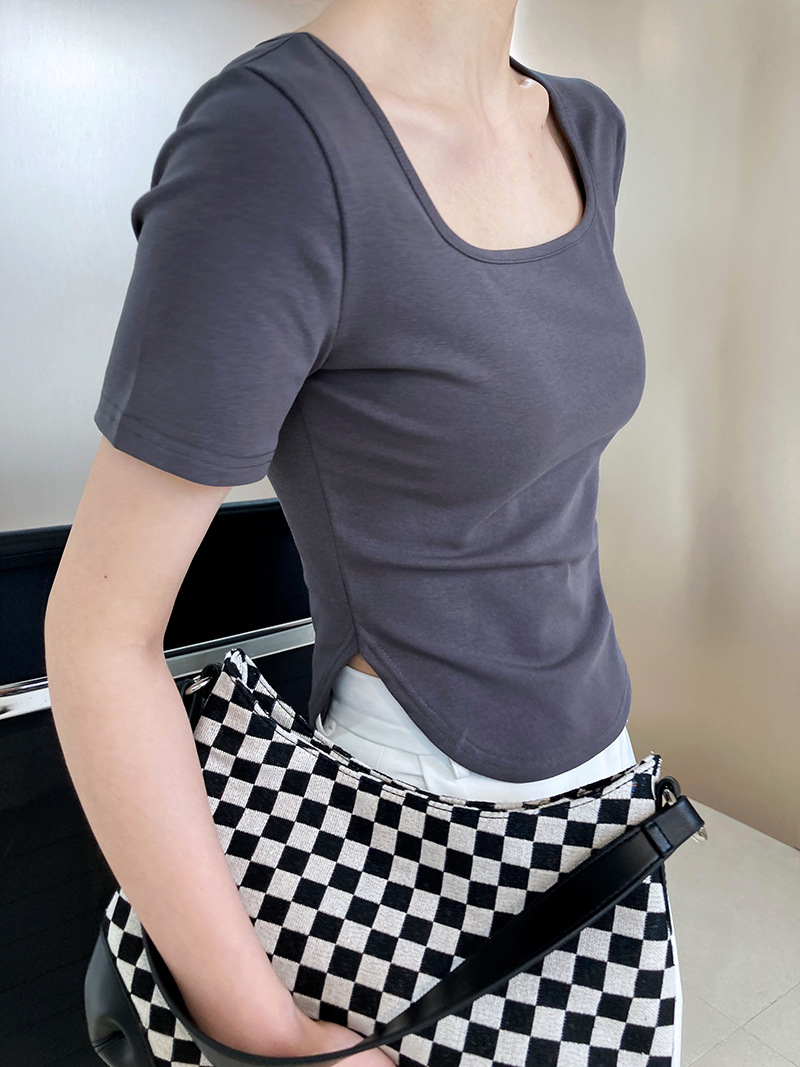France style summer clavicle arc hem T-shirt for women