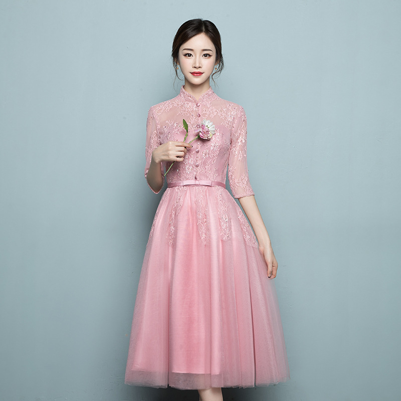 Chinese style evening dress short sleeve bridesmaid dress