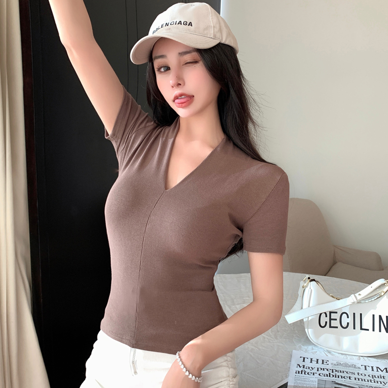 V-neck sexy T-shirt tight bottoming shirt for women