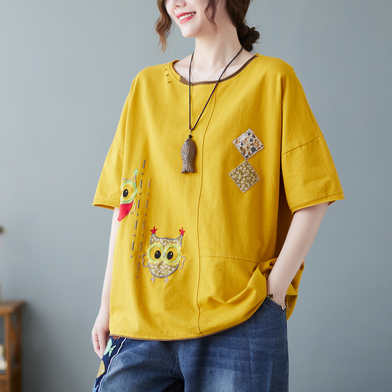 Cartoon embroidery art tops patch loose summer T-shirt for women