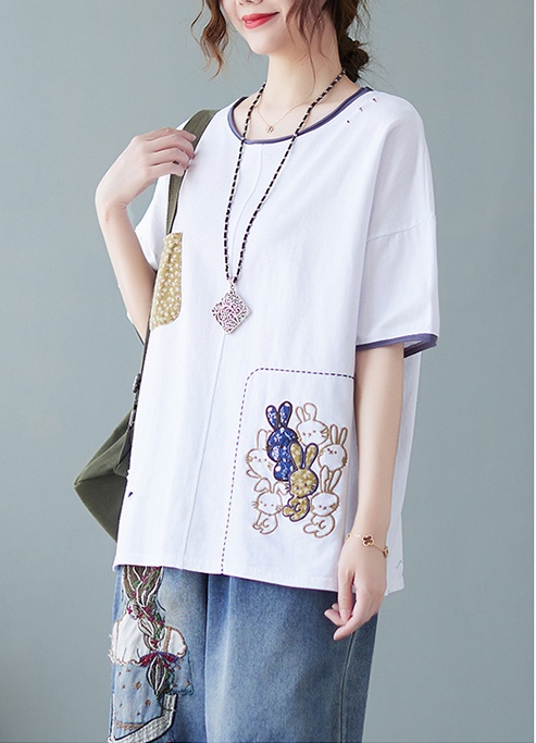 Embroidery thin T-shirt short sleeve loose tops