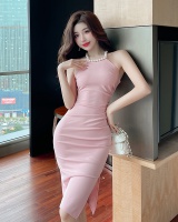 Split halter long package hip slim fold dress for women