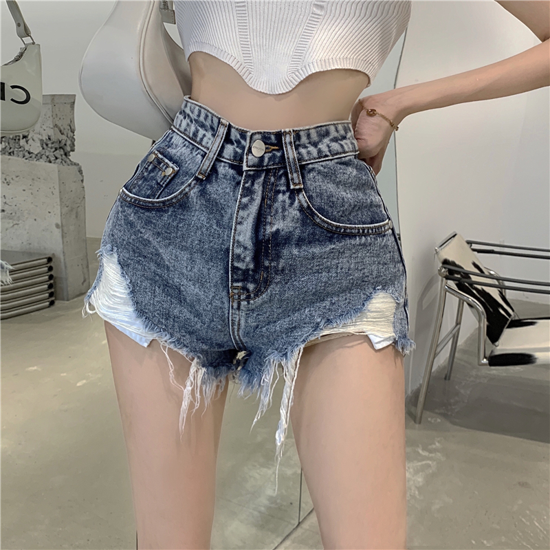 Holes high waist jeans irregular summer shorts for women