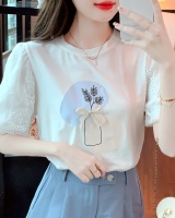 Splice puff sleeve lace T-shirt printing bow tops for women
