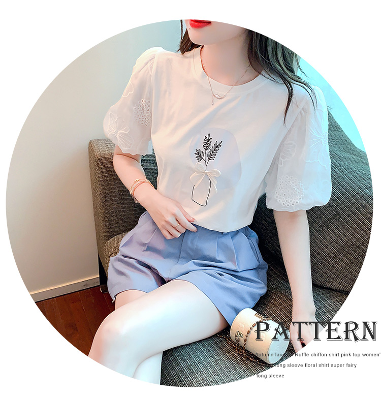 Splice puff sleeve lace T-shirt printing bow tops for women