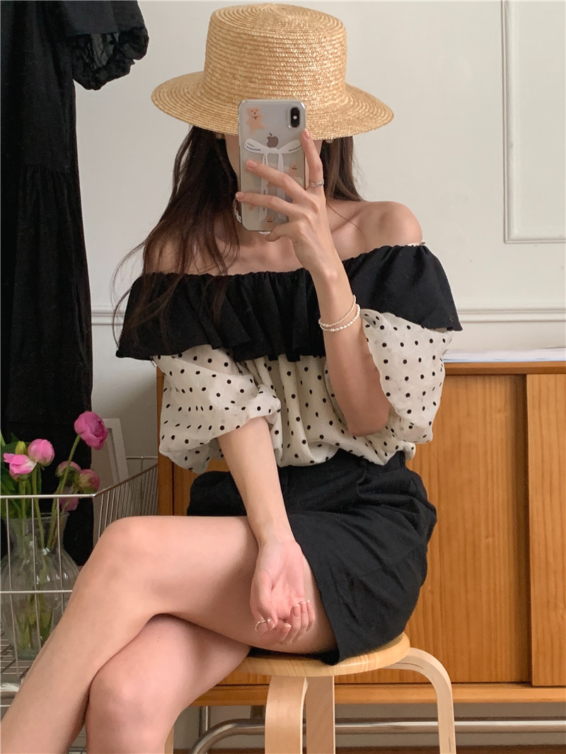 Korean style flat shoulder chiffon polka dot shirt