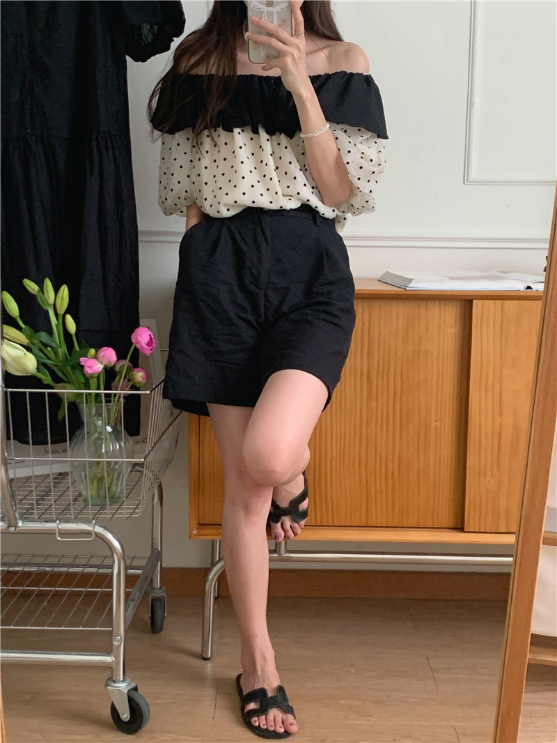 Korean style flat shoulder chiffon polka dot shirt