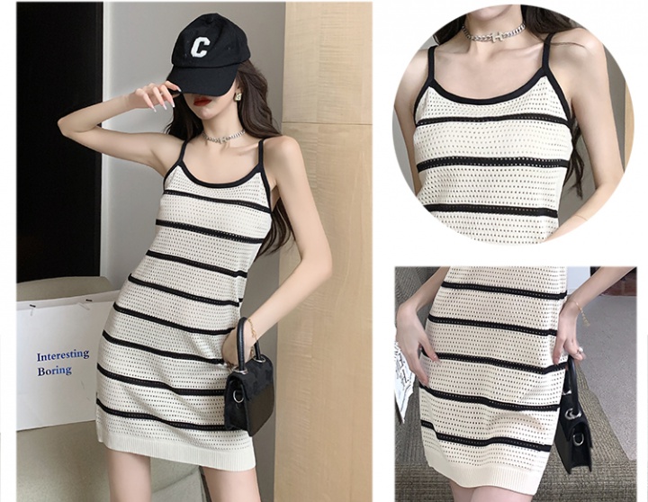 Sling hollow slim knitted France style stripe dress
