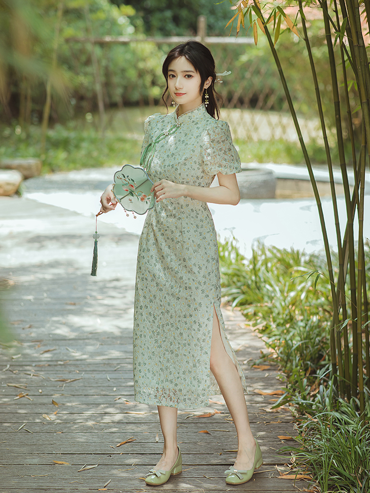 Summer cstand collar cheongsam conventional lace dress