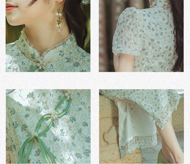 Summer cstand collar cheongsam conventional lace dress