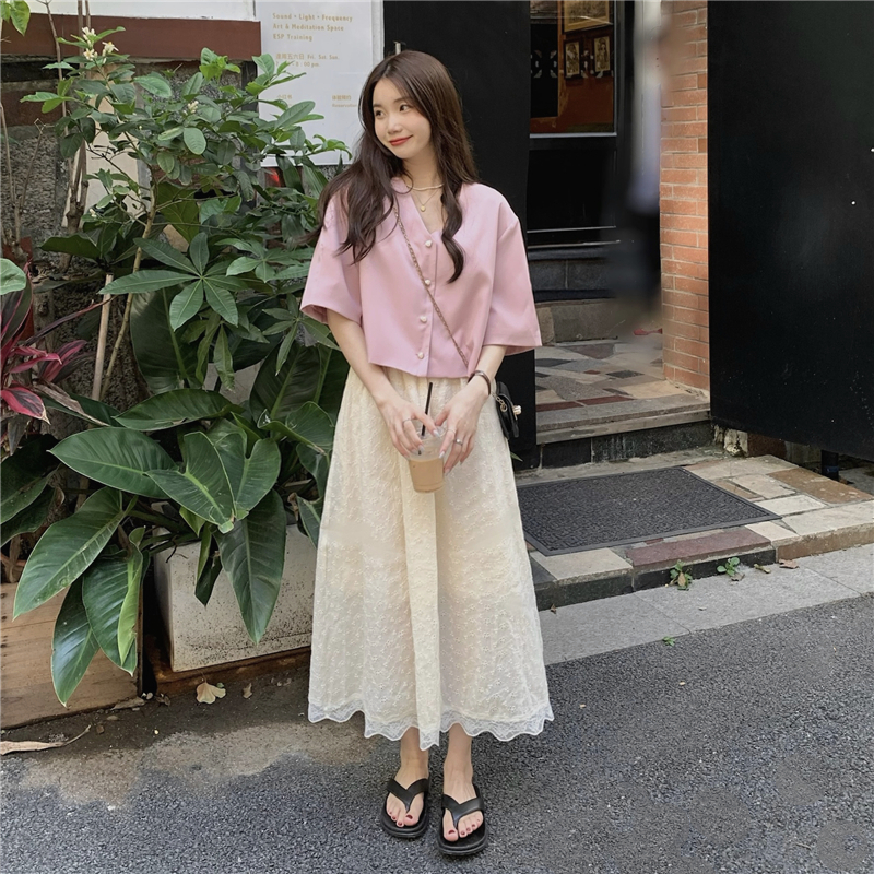 V-neck Korean style tops sweet pink shirt 2pcs set