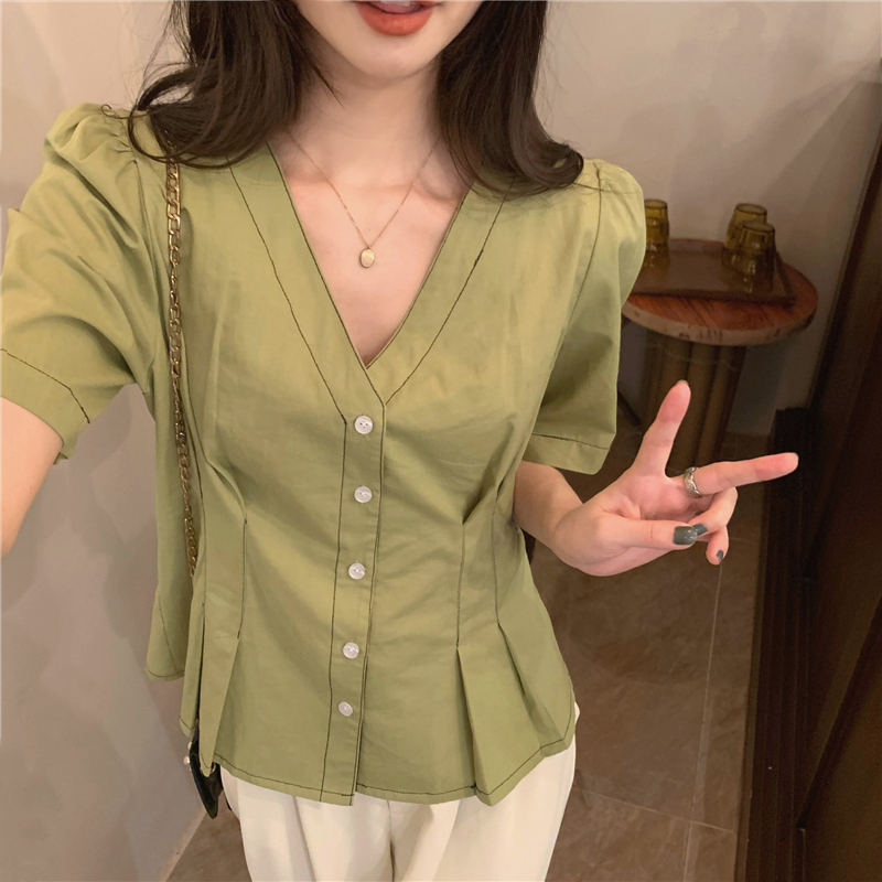 All-match V-neck summer shirt short sleeve green tops
