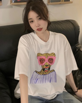 Pink loose white tops leopard short sleeve T-shirt