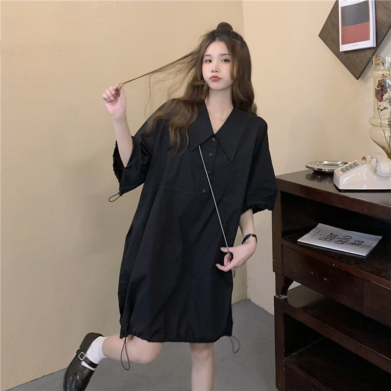 Puff sleeve loose shirt maiden black dress for women