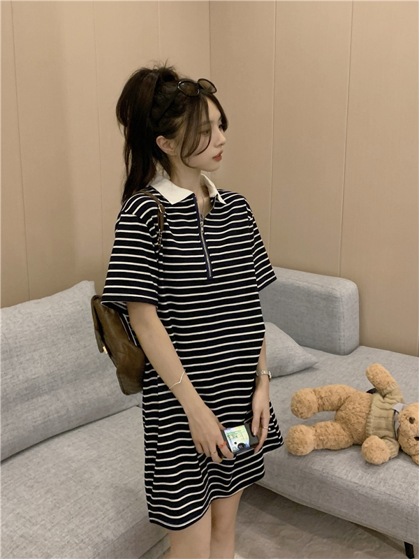 Korean style loose summer dress short sleeve stripe T-shirt