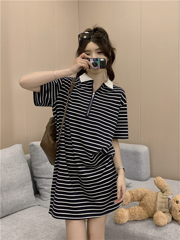 Korean style loose summer dress short sleeve stripe T-shirt