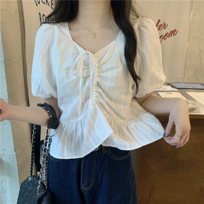 Square collar puff sleeve shirt blue France style tops