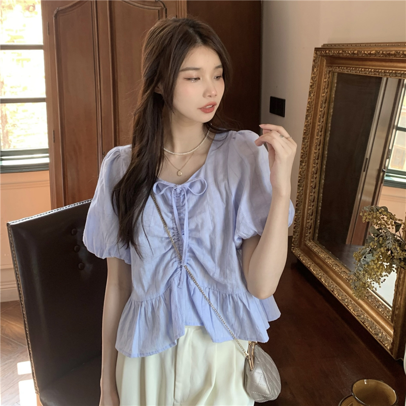 Square collar puff sleeve shirt blue France style tops