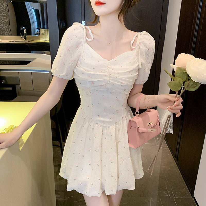 Square collar puff sleeve T-back summer dress for women