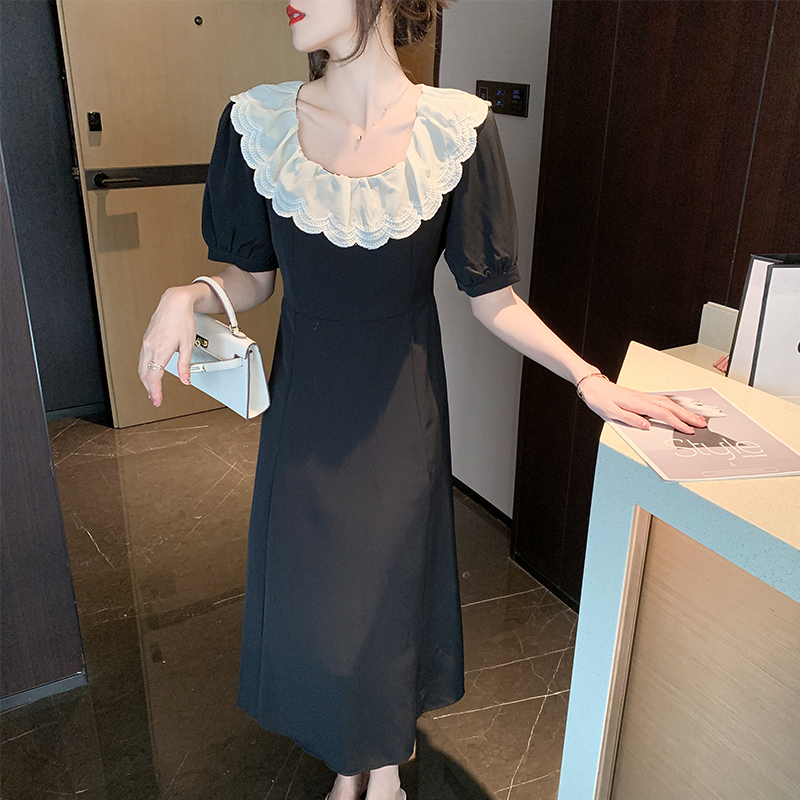 Slim retro summer France style pinched waist lace dress