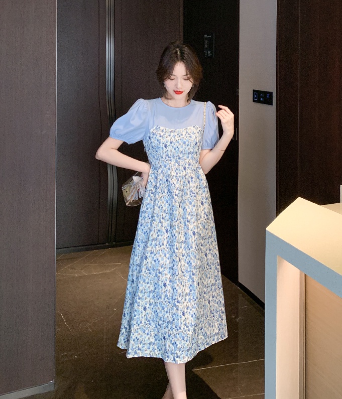 Frenum Japanese style short sleeve retro splice bow dress