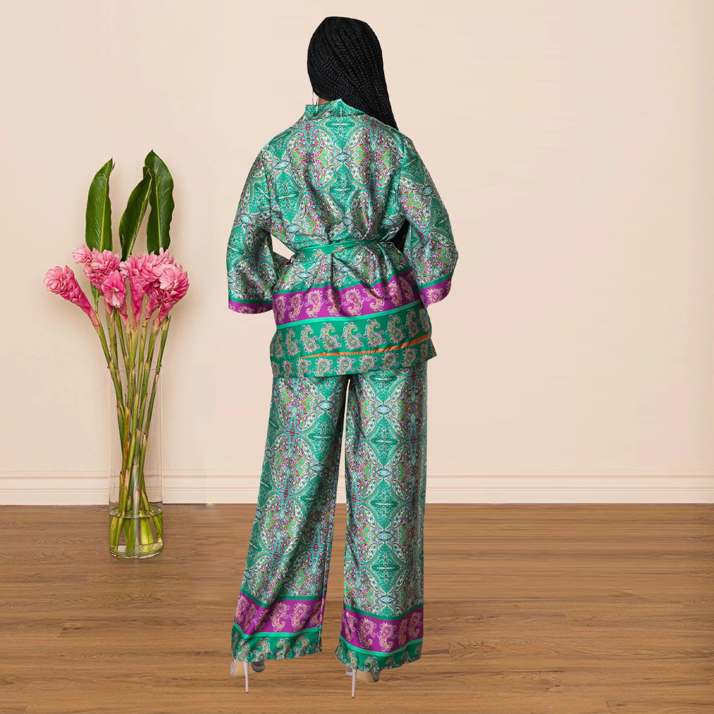 Imitation silk wide leg pants 2pcs set for women