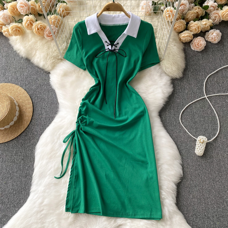 Refreshing lapel short sleeve frenum drawstring summer dress