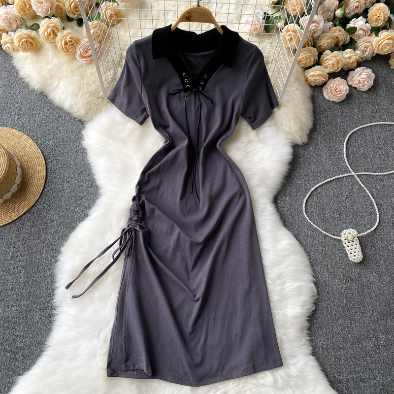 Refreshing lapel short sleeve frenum drawstring summer dress
