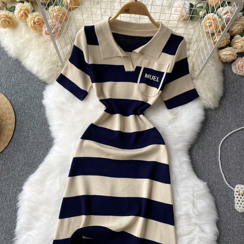Refreshing slim lapel tender stripe knitted dress for women
