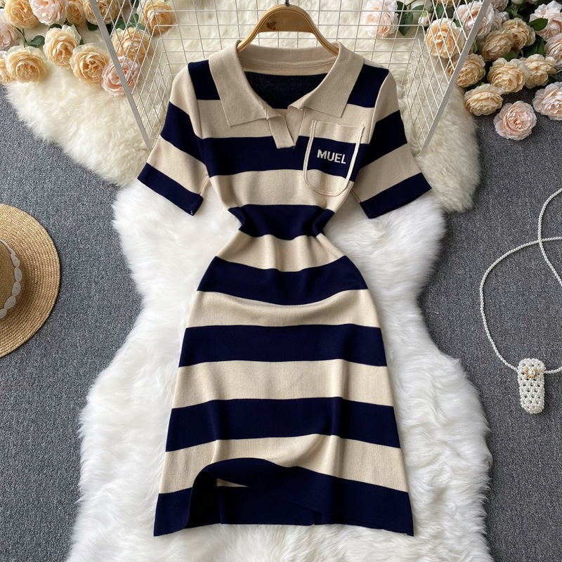 Refreshing slim lapel tender stripe knitted dress for women