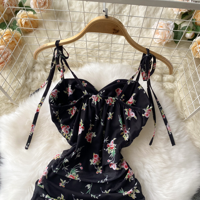 Wrapped chest sexy strap dress floral dress for women