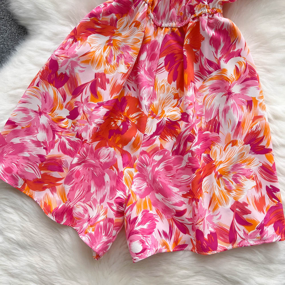 Floral lotus leaf edges fashion jumpsuit slim summer shorts