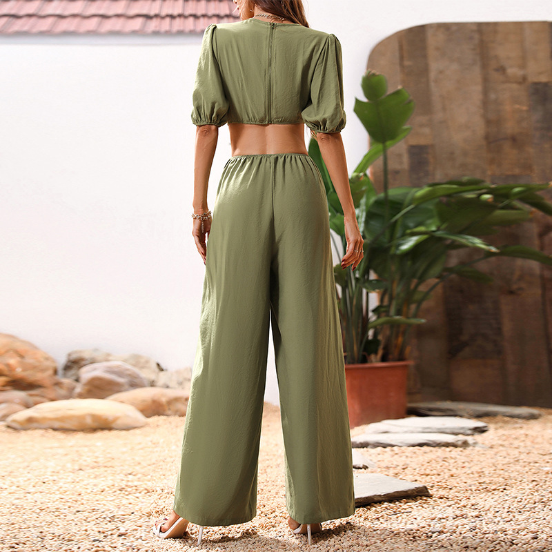 Short sleeve Casual loose olive-green V-neck jumpsuit for women