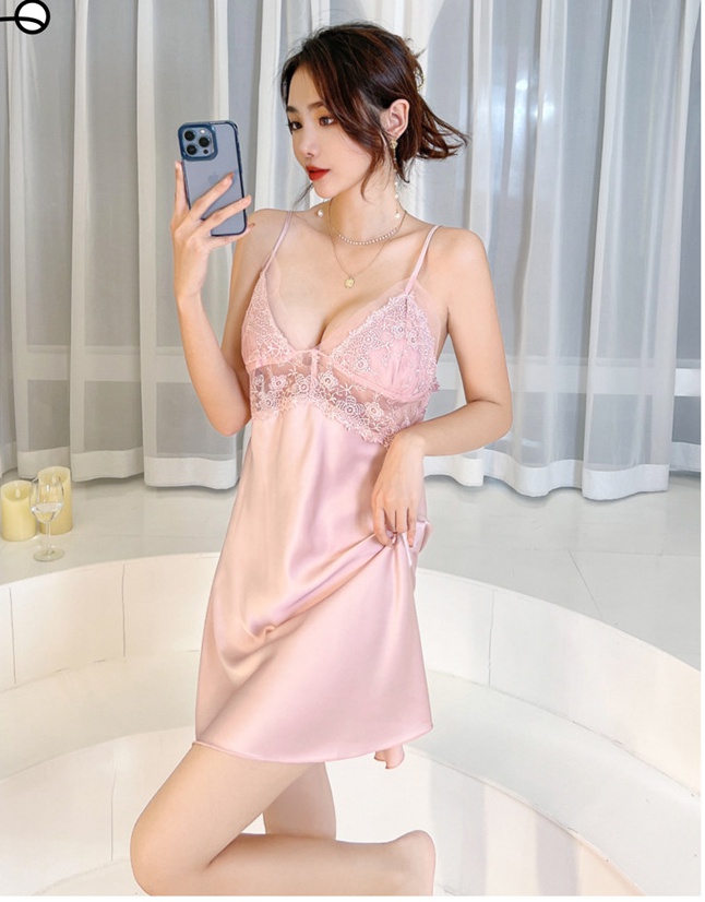 Ice silk night dress with chest pad pajamas for women