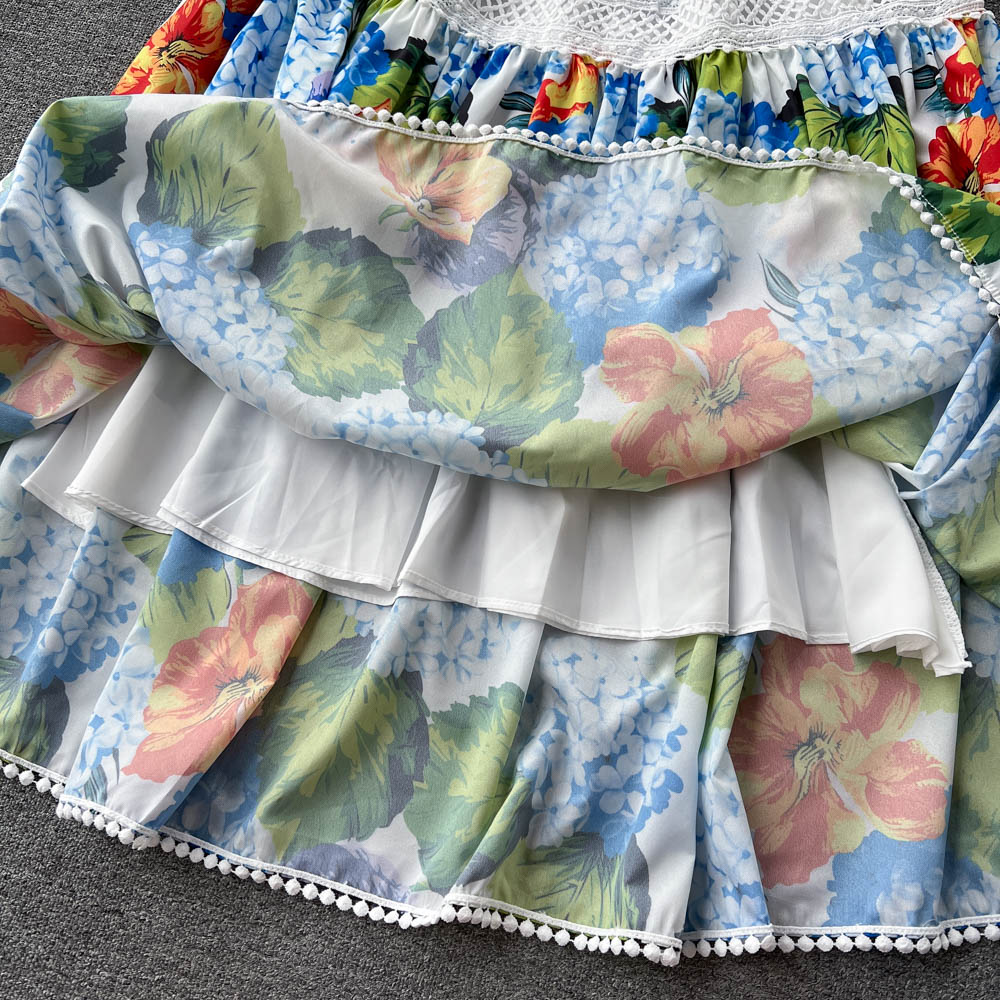 Printing splice summer dress retro pinched waist long dress