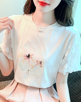 White student tops printing splice T-shirt for women