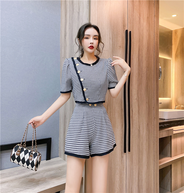 Slim houndstooth tops single-breasted shorts 2pcs set