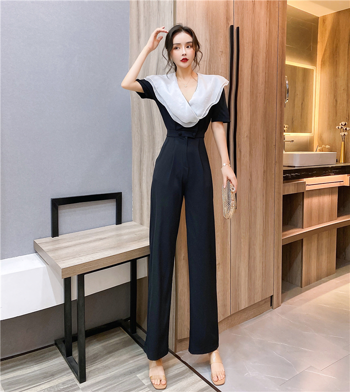 Mixed colors Western style jumpsuit V-neck long pants