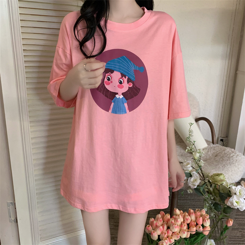 Long short sleeve Korean style pink T-shirt