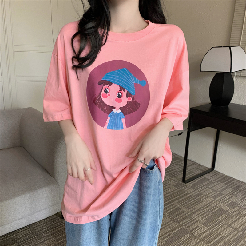 Long short sleeve Korean style pink T-shirt